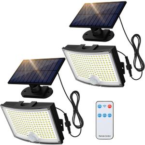Adiding Solar Outdoor Lights, 202 LEDs Flood Lights with 16.4 ft Cable, Remote Control Solar Motion Sensor Outdoor Lights, 3 Modes Solar Powered Security Lights for Outside Patio, Yard, Garage, 2 Pack