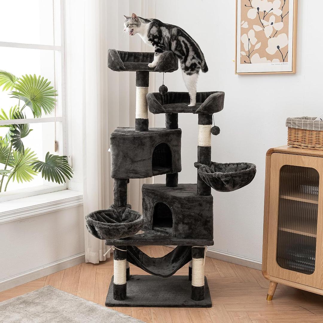 57 in Cat Tree Tower for Indoor Cats Adult, Tall Large Modern Cat Condo House with Scratching Posts, Caves, Perches, Hammock, Baskets and Hanging Pompoms, Black