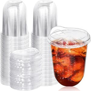 50 Pack Clear Plastic Cups with Strawless Sip Lids,16 oz Iced Coffee Cups with Lids,Disposable PET Crystal Cups,Round Bottom To Go Cup for Iced Coffee Juice Smoothie Cold Beverage