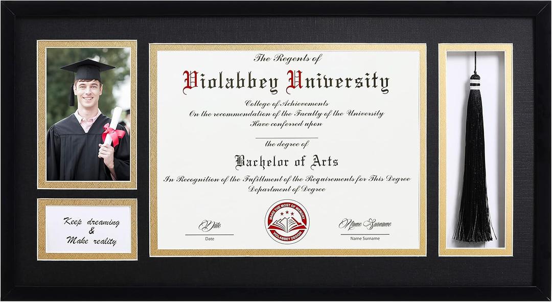 VIOLABBEY Matte Black Diploma Frame with Tassel Holder for 8.5x11 Certificates Document and 4x6 Graduation Pictures, College Degree Frame for Wall Mounted (Black Gold Double Mat)