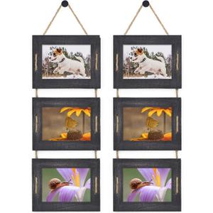 DLQuarts 5x7 Hanging Picture Frames Collage Wall Decor, 3-Opening Photo Frames Set, 3.5x5 with Mat or 5x7 Without Mat, Rustic Solid Wood Photo Frame Pack of 2, Weathered Black