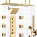 Dual Shower Heads System 16"x32" Ceiling Mount Rainfall and 6" Wall Mounted Shower Heads with 6 body Jets Thermostatic Shower Valve Full Body Shower System Can All Run Together Brushed Gold