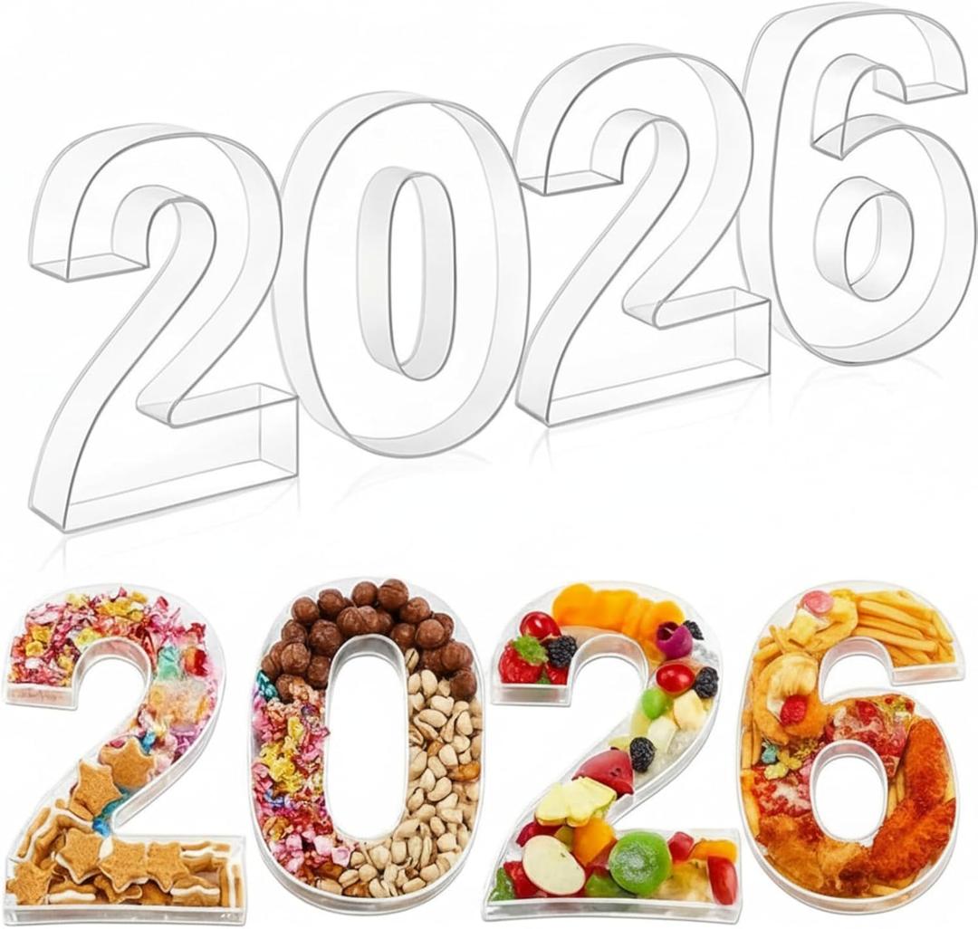 4 Pcs Acrylic 2026 Number Charcuterie Board Fillable, 2026 New Year Party Supplies 10" Charcuterie Board Food Serving Trays for Fruit Cheese Snack Party Decorations