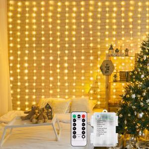 echosari Curtain Lights Battery Operated 200 LED Curtain Fairy Lights 6.66.6ft with Remote Timer Outdoor Wall Light Fully Waterproof for Wedding Backdrops Bedroom Decor (Warm White)