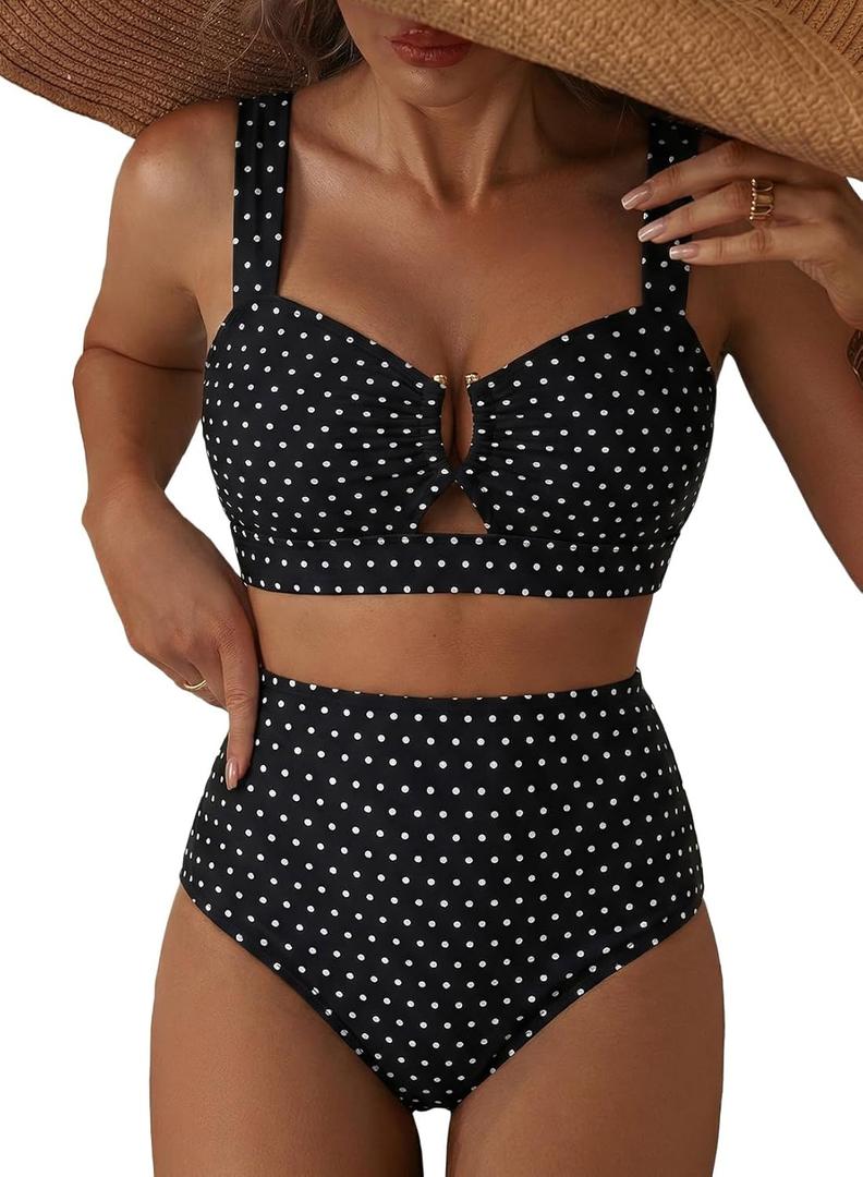 Herseas Women's 2 Piece U Wire Cutout Bikini Sets Floral Print High Waisted Swimsuit 2026 Summer Beach Swim Bathing Suit (X-Large, Black With White Dots)