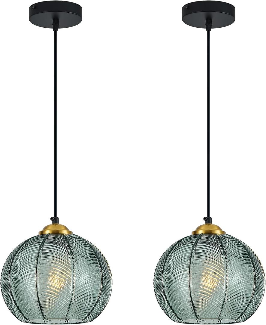 Gray Green Glass Pendant Lights Kitchen Island 2 Pack 7.87 in Hand Blown Glass Globe Pendant Light Fixtures Modern Pendant Lighting for Kitchen Island Bedroom Dining Room