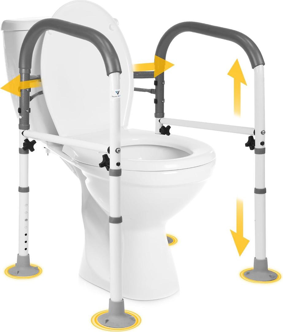 Vaunn Medical Adjustable Toilet Safety Rail for Seniors, Foldable Toilet Safety Frame for Elderly Adults, Bathroom Grab Bar Handle, Toilet Handle for Elderly & Disabled, Free-Standing (Gray), Adjustable height from 26 to 34 inches