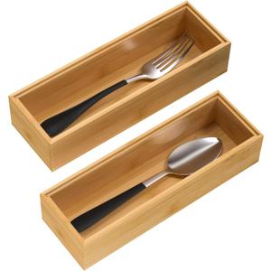 VeyFey Silverware Tray for Drawer, Stackable Kitchen Bamboo Drawer Organizer 9" x 3" x 2" Set of 2