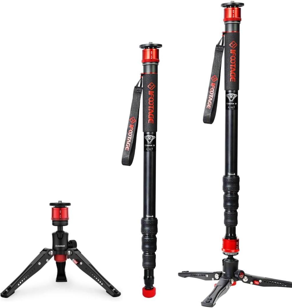 IFOOTAGE Monopod Cobra 3 A180T, 71" Aluminum Camera Monopod with Feet, Telescopic Video Mono pod Compatible with Sony Canon Nikon DSLR Cameras, Payload 17.6lb