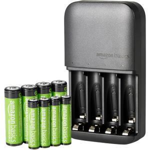 Amazon Basics NiMh Rechargeable Batteries (4 AA & 4 AAA) with 4 Bay Battery Charger, Type A (American) Plug, Black, 8 Count