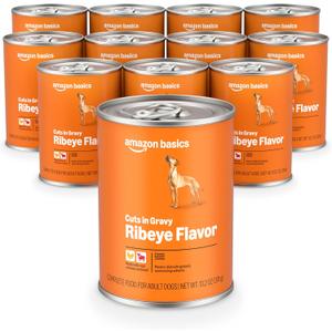 Amazon Basics Wet Dog Food, Cuts in Gravy, Ribeye Flavor, Made with Real Chicken and Beef, 13.2 oz can (Pack of 12) (EXP 08/15/28)