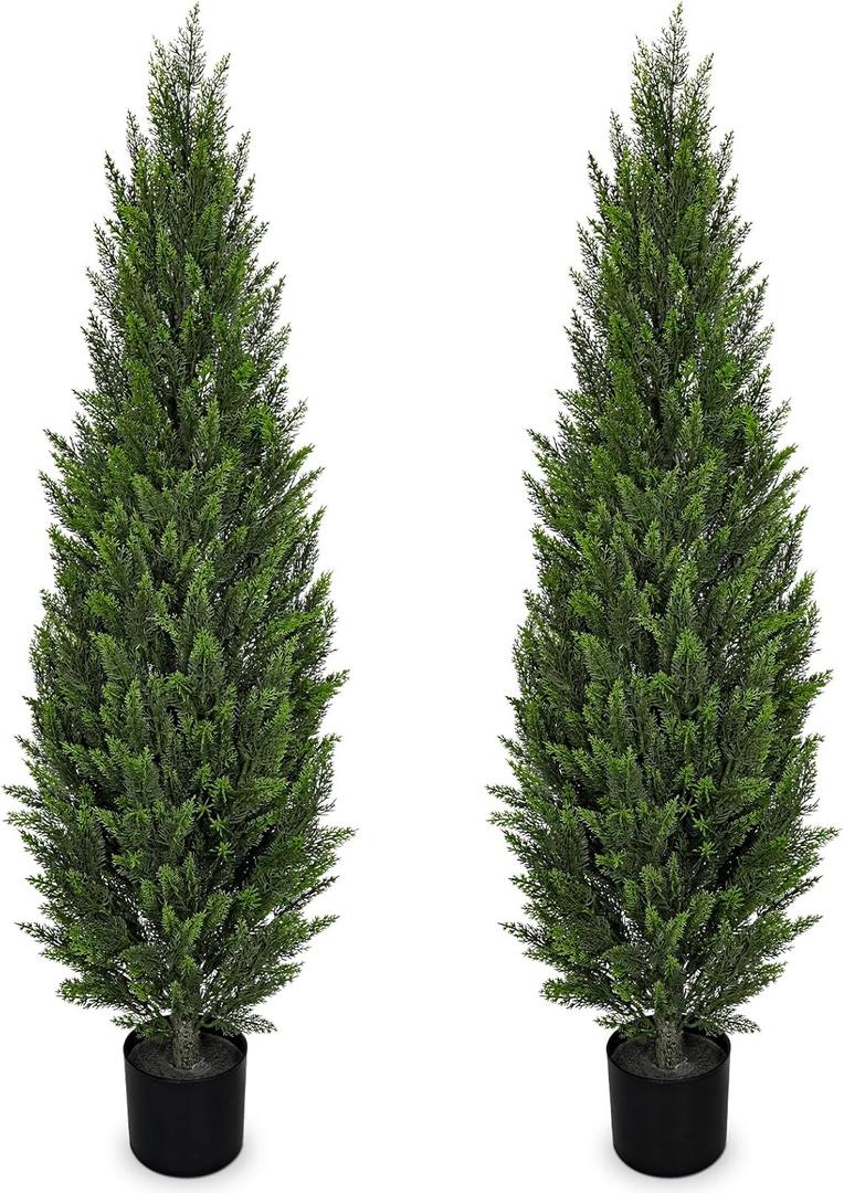 Briful 5FT Artificial Cedar Topiary Trees Set of 2 Realistic Faux Cedar Pines in Pots, UV Resistant Outdoor Porch & Entryway Plants, All-Season Evergreen Decor for Patio, Farmhouse & Holiday