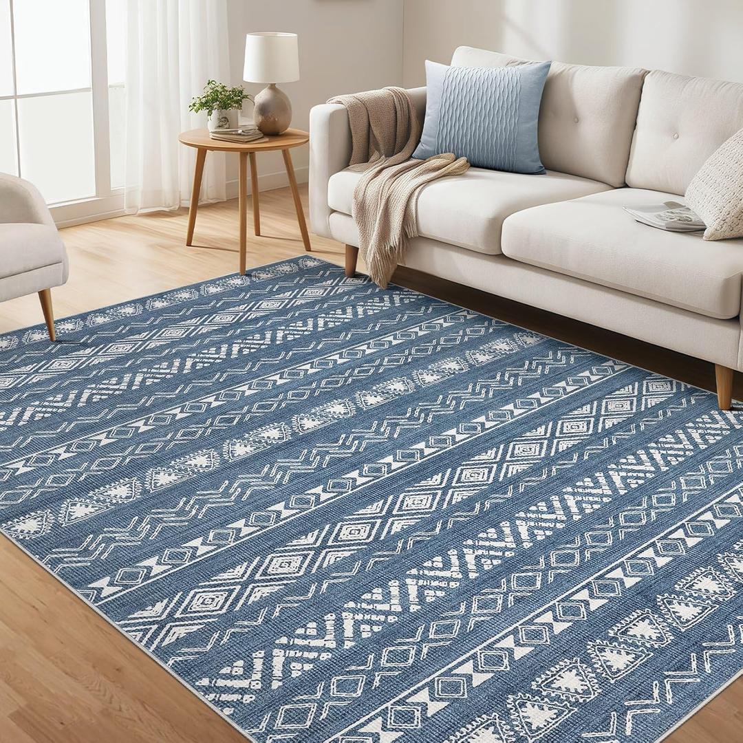 6x9 Washable Area Rug: Non Slip Soft Thin Carpet, Boho Geometric Modern Decor, Easy Clean Indoor Floor Rugs for Living Room Bedroom Kids Dorm Office Dining - Blue