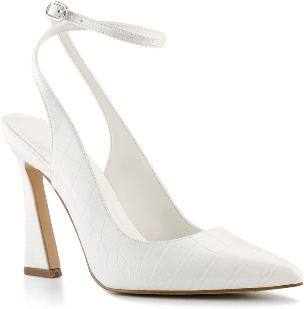 Womens Closed Toe Ankle Strap Heels Pointed Toe Pumps Shoes Slingback High Heel Wedding Dress Shoes (6, White)
