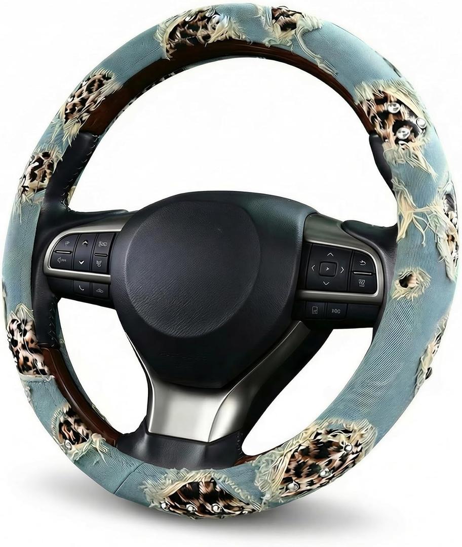 Distressed Denim Steering Wheel Cover for Women with Leopard Print & Bling Rhinestones, Universal Fit 14.5-15 Inch, Cute Jean Anti-Slip Fashion Car Accessories
