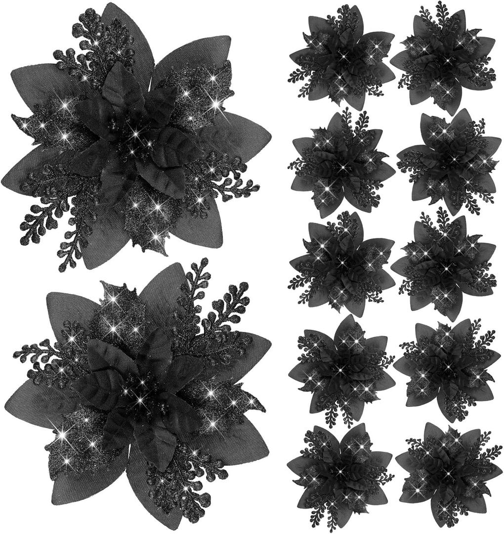 12 Pieces 5.7 Inch Christmas Poinsettia Flower Christmas Glitter Artificial Flower with Clips Xmas Tree Ornament for Wreath Garland Party Decor (Black)