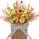 Thanksgiving Fall Door Hanger Basket Wreath Orange Sunflower Wreath, Artificial Autumn Sunflower Wreaths with Flower Mixed Leaves for Front Door Indoor Outdoor Decor Farmhouse Harvest Orange Wreaths