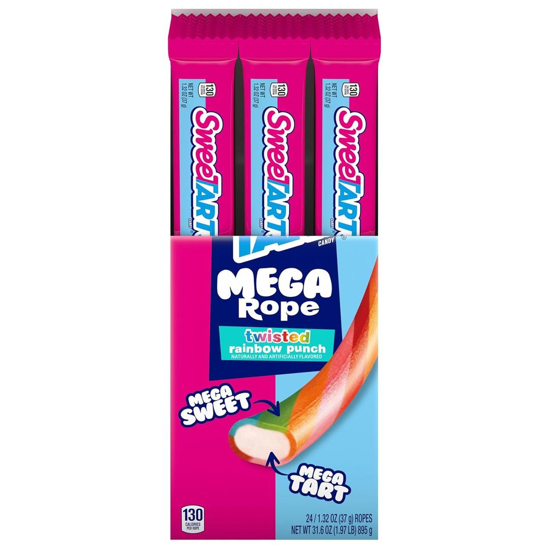 SweeTARTS Mega Filled Ropes Candy, Twisted Rainbow Punch, Sweet and Tart, 1.32 oz (Pack of 24)