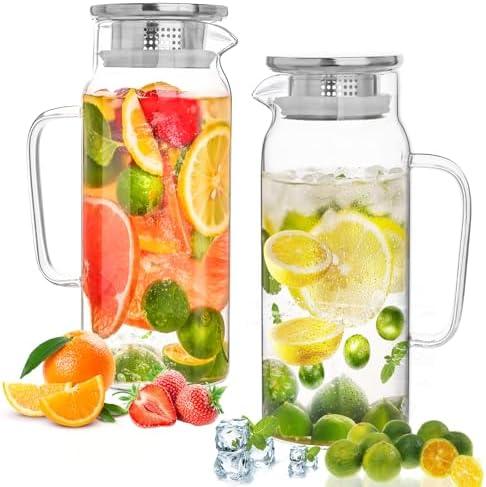Set of 2 Glass Pitcher with Lid,2 Quart (64 oz / 1.9 Liter) Leak Proof,Glass Water Jugs, BPA-Free,Microwave & Dishwasher Safe Pitcher,Sun & Iced Tea, Sangria,Cold Brew Coffee & More