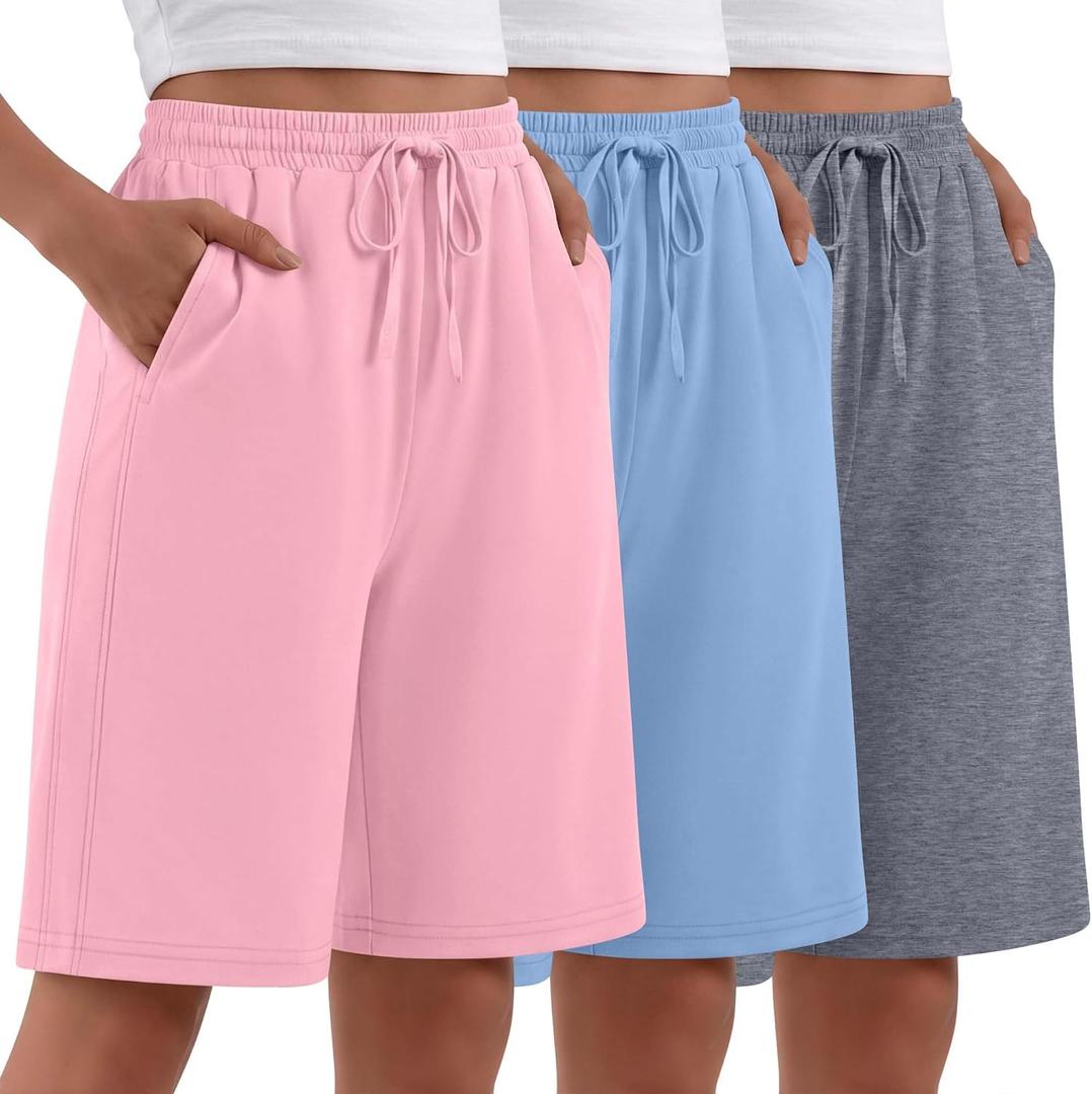 Evervibe 3 Pack Women's Bermuda Shorts Summer Drawstring Elastic Waisted Comfy Casual Sweat Long Shorts Medium, Heather Gray, Sky Blue, Peach Pink