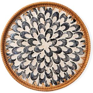 Round Rattan Tray with Mother of Pearl Inlay, Decorative Wicker Serving Tray with Wooden Base, Woven Basket Trays for Bread Fruits Coffee, Plume