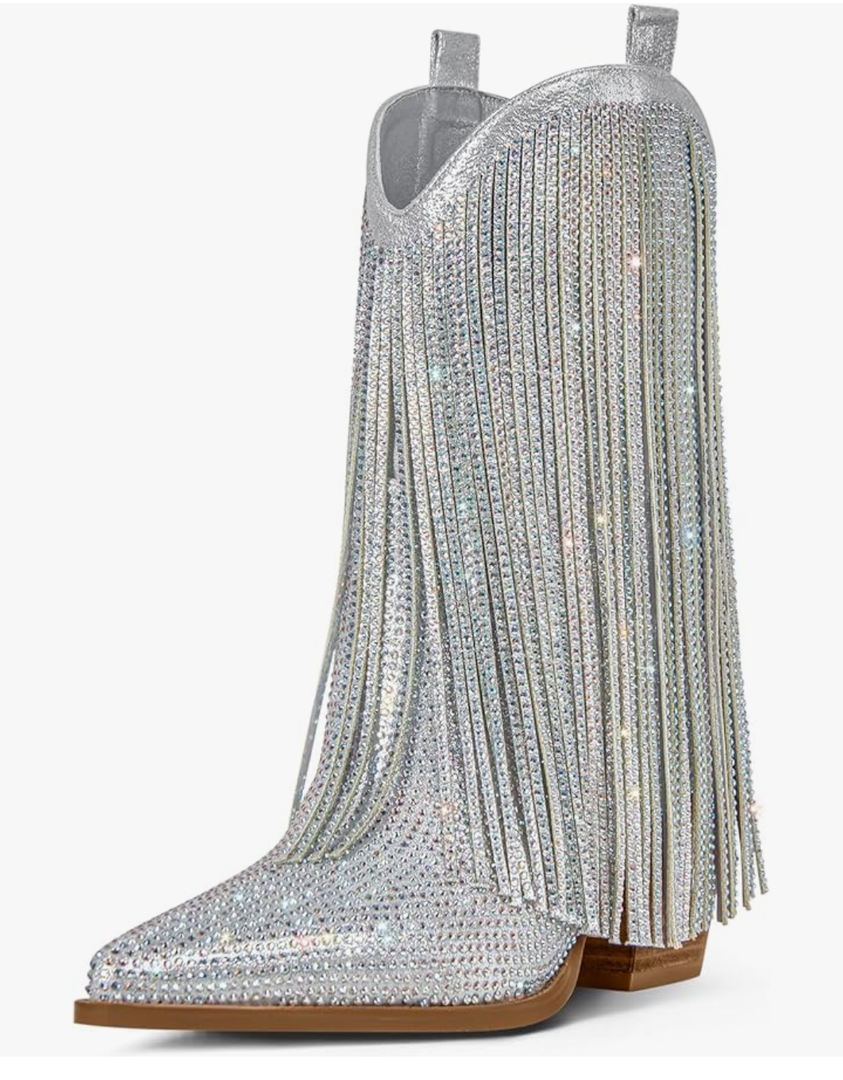 Ouepiano Cowboy Boots for Women - Cowgirl Rhinestone Boots with Sparkly Fringe Pointed Toe Western Boot Chunky Heel Pull-On Wide Calf Botas Vaqueras  8,5