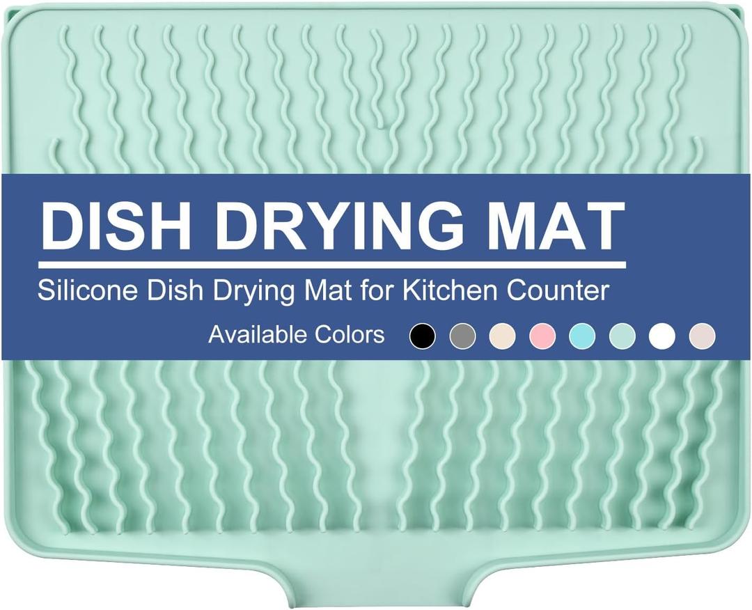 Silicone Dish Drying Mat for Kitchen Counter or Sink , Heat-resistant Dish Dryer Mat with Built-in Drain Lip , Non-Slip Drain Pad Protects Surfaces Prevents Water Build UP (Mint green, 13x15.8 Inch)
