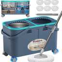 2026 Upgraded Gen 2 Spin Mop and Bucket Set with 4 Swivel Wheels for Easy Rolling, Separates Clean & Dirty Water, Floor Mop with 6 Washable Mop Heads for Wood, Tile, Vinyl, Baseboards - Grey/Blue