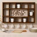 Cinnvoice Oversize Coffee Mug Display Shelf for Wall Wood Coffee Mug Rack Wall Mounted Shelf Cubes Cup Hooks Hanger with Bar Sign Decor for Kitchen Station Bar Accessories(Rustic Brown)