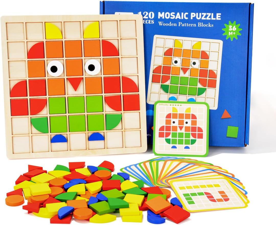 Pattern Blocks Puzzle Wooden Montessori Tangram - Geometric Mosaic Tile Matching Game for Dementia Alzheimer's, Cognitive Therapy Gift for Seniors