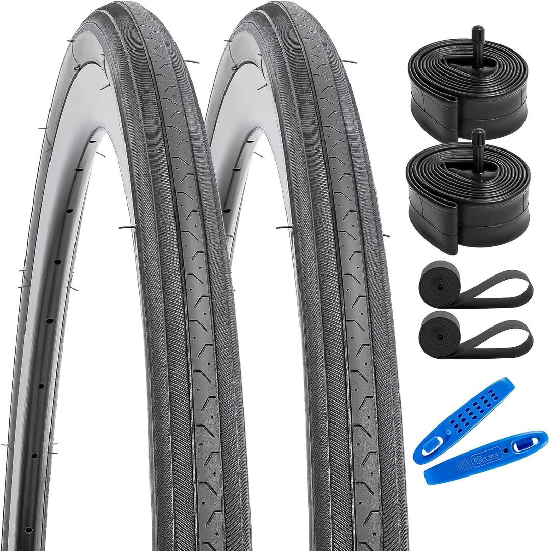 YUNSCM 2-PCS 27 inch Bike Tires 27x1 1/4 (32-630) Compatible with 27x1 1/4 27x1 1-4 Road Bike Bicycle Tires ((Black)2 Bike Tires+2 Tubes+2 Rim Strips)