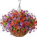 Artificial Flowers Hanging Baskets, 12 Bundles Faux Flower Outdoor Hanging Basket Spring Summer Decoration, Fake Flowers Plants for Porch Patio Balcony Home Yard Decor(Light Purple Red)