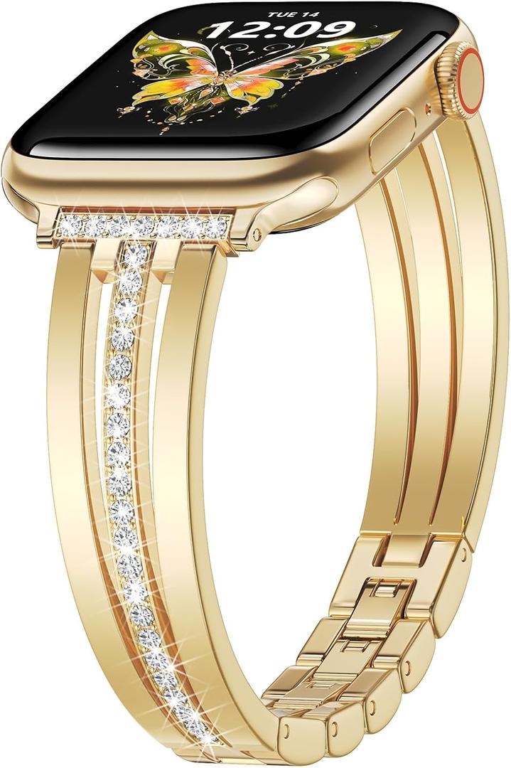 AIRSPO Slim Gold Band Compatible with Apple Watch 42mm/44mm/45mm/49mm/46mm(Series 10) Women Thin Metal Strap Dressy Jewelry Bracelet with Bling Diamond for iWatch Bands Series 11 10 9 8 7 6 5 4 3 SE
