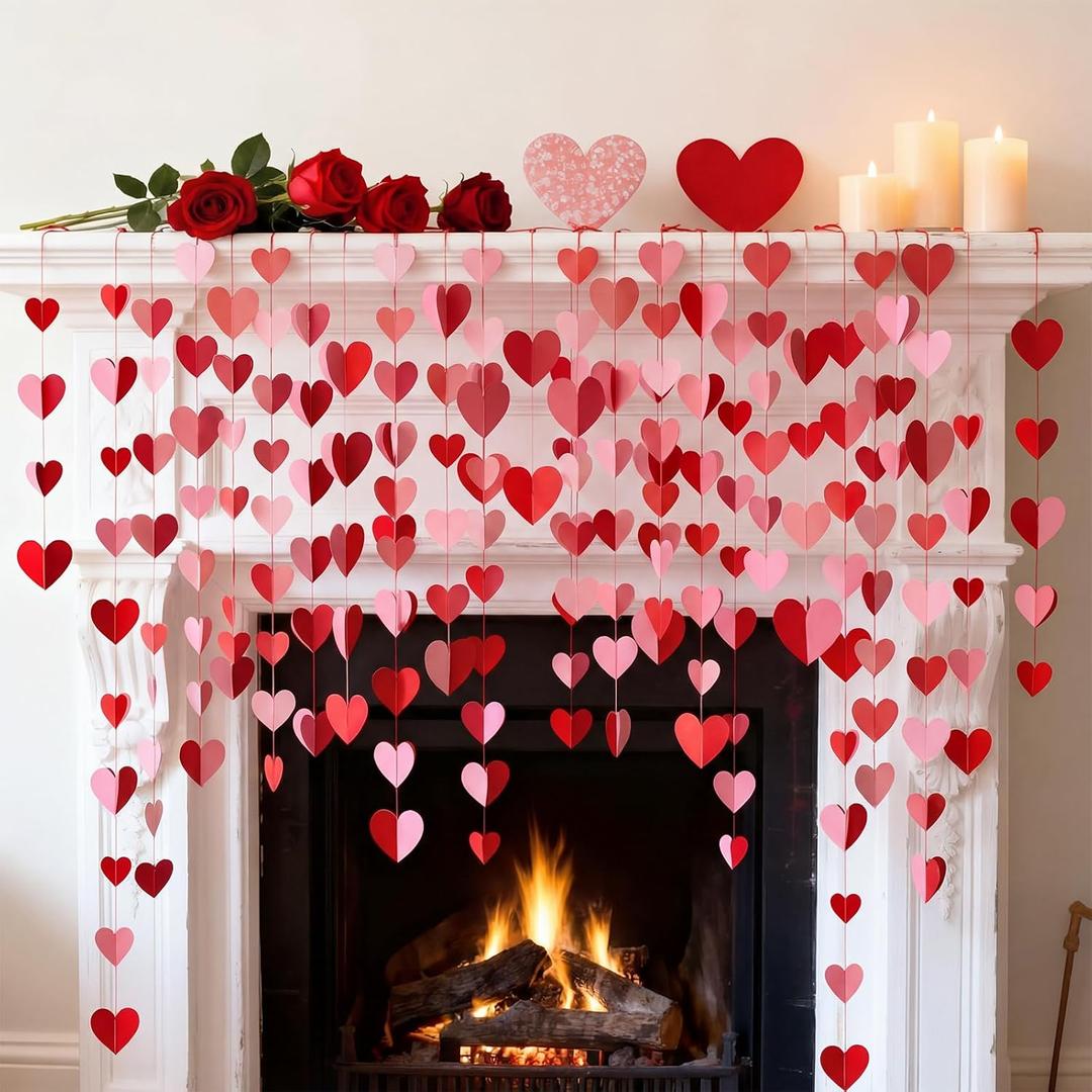 24 Pack Valentines Heart Garland Banner Valentines Decoration Red Pink 3D Heart Paper Banner Hanging Decoration for Fireplace Mantel Wall Anniversary Wedding Birthday Party Decor