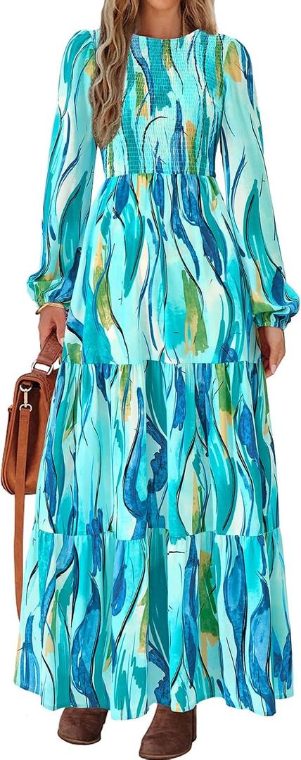 PRETTYGARDEN Womens Dresses 2026 Puff Sleeve Floral Casual Spring Dresses Smocked Backless Beach Flowy Tiered Maxi Dress (Blue Green, Medium)