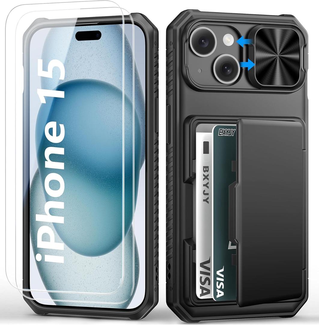 BXYJY for iphone 15 Wallet Case with Screen Protector (Tempered Glass), Card Holder (4-5 Cards), Slide Camera Cover, Military Grade Drop Protection, Heavy Duty Hard Men Women Case for iphone 15, Black