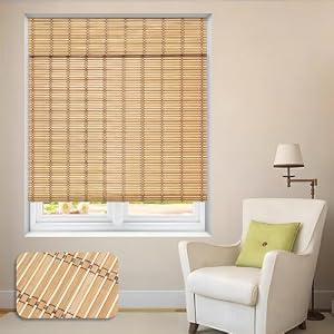 LUCKUP Cordless Bamboo Roman Shades, Roll Up Blinds for Indoor Windows, Light Filtering UV Protection Natural Bamboo Shades, Easy to Install for Home & Office, 24" W x 64" L, Natural