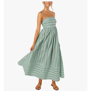 chouyatou Women's Striped Back Smocked Maxi Dress Sexy Spaghetti Strap Cut Out Flowy Swing Long Dress,S