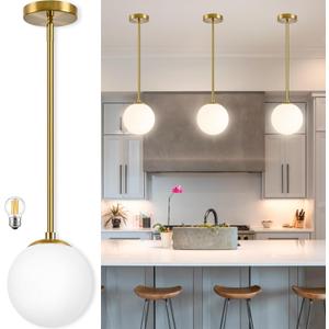 6" Globe Pendant Light Gold Mid Century Pendant Light Globe Pendant Lights Kitchen Island Brushed Brass Finished with Milk Glass Lampshade Adjustable Ceiling Light Fixtures for Kitchen