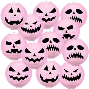 Riakrum 20 Pcs 8 Inch Pink Halloween Paper Lanterns Bulk Pink Jack-o'-Lantern Hanging Lanterns Halloween Pumpkin Decoration for Holiday Spooky Party Indoor Outdoor Decor