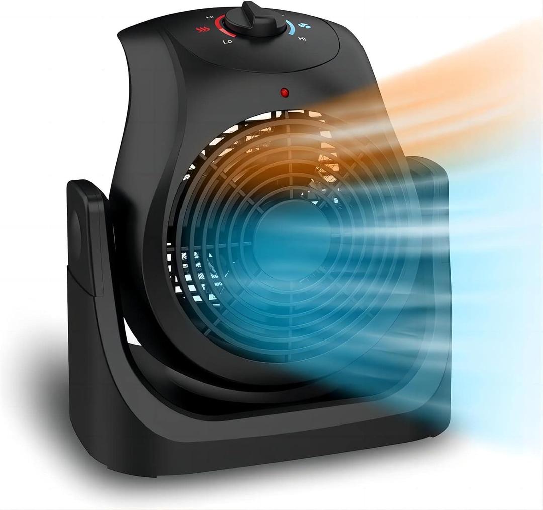 LifePlus 2 in 1 Heater Fan Combo, Portable Cooling Desk Fan, Air Circulator Fan 45 Tilt, 2 Wind Speeds, 1500W Overheat Protection Personal Small Floor for Home Office Black