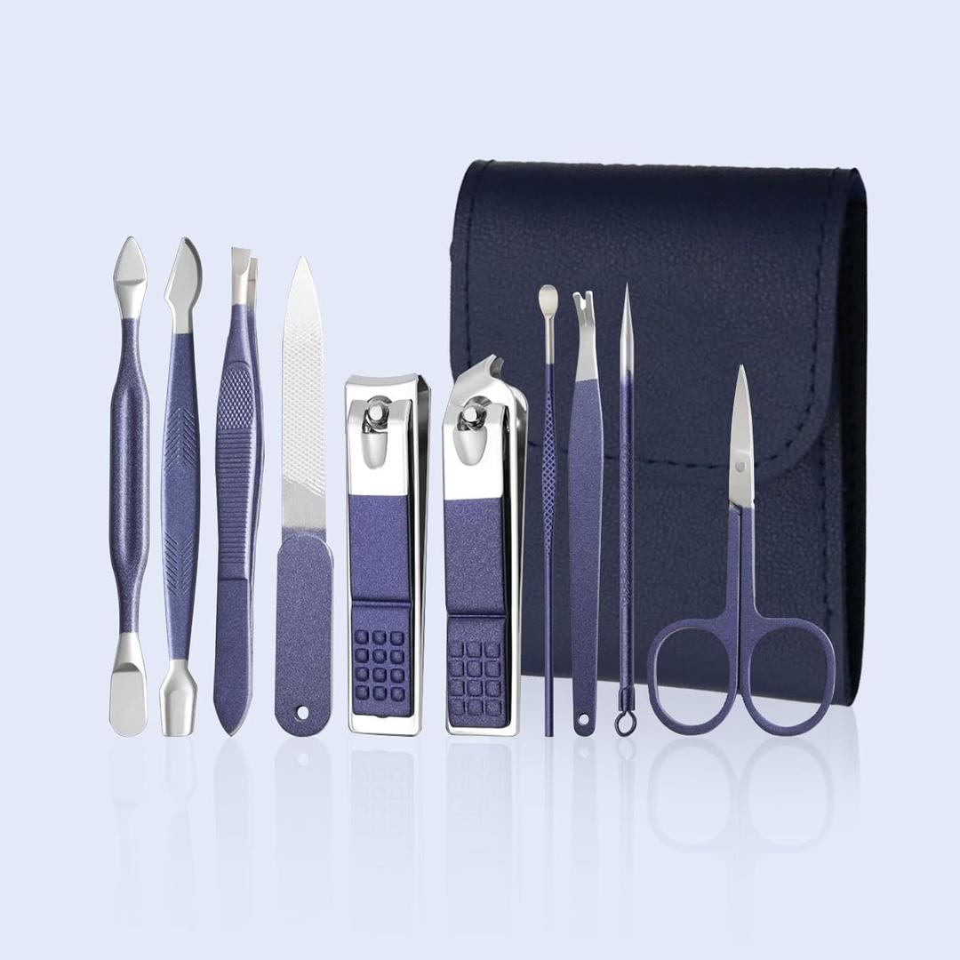 Nail Clippers Set Fingernail and Toenail Clipper Cutters, Manicure Pedicure Kit -10 Pieces Stainless Steel Professional Grooming Kits, Nail Care Tools with Luxurious Travel Case-(Blue)