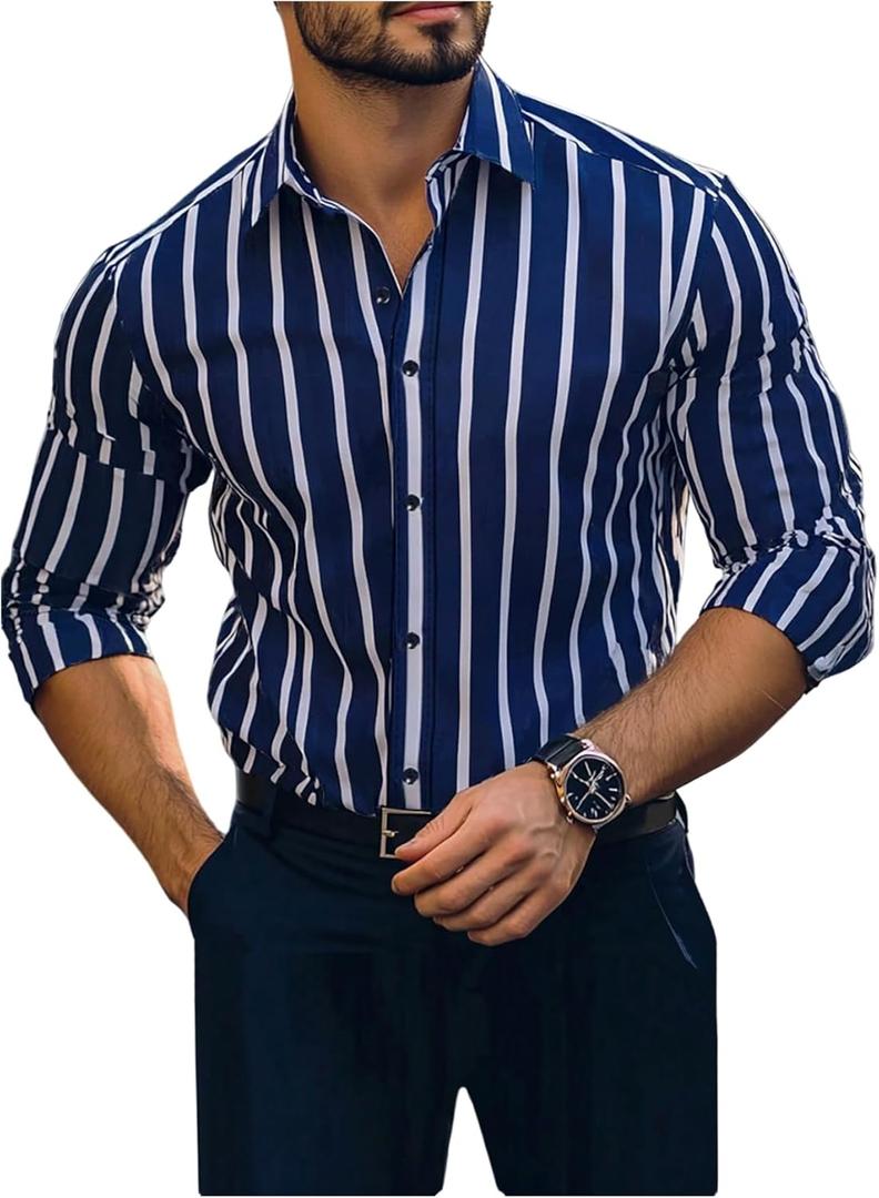 SOLY HUX Men's Striped Button Down Long Sleeve Collared Formal Shirts Business Casual Clothes (X-Large, Dark Blue Striped)