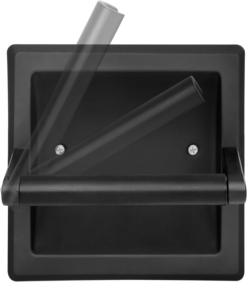 Matte Black Recessed Toilet Paper Holder for Large Rolls - Pivoting Black Wall-Mounted Stainless Steel Toilet Paper Holder, in-Wall Bathroom Tissue Roll Dispenser with Modern Matte Black Finish