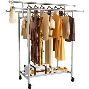 mahumahu Heavy Duty Clothes Rack, Rolling Clothing Rack with Sturdy Wheels and Shelves, Double Rods Clothing Racks for Hanging Clothes, Portable Adjustable Garment Rack, Stainless Steel, 24"D x 70"W x 62"H
