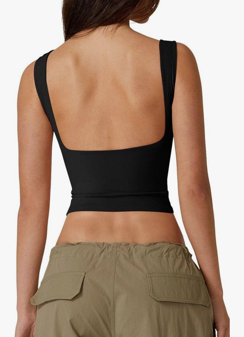 QINSEN Women's Sexy Open Back Sleeveless Crop Tank High Neck Slim Fit Cropped Tee Shirt Y2k Tops (S, Black)