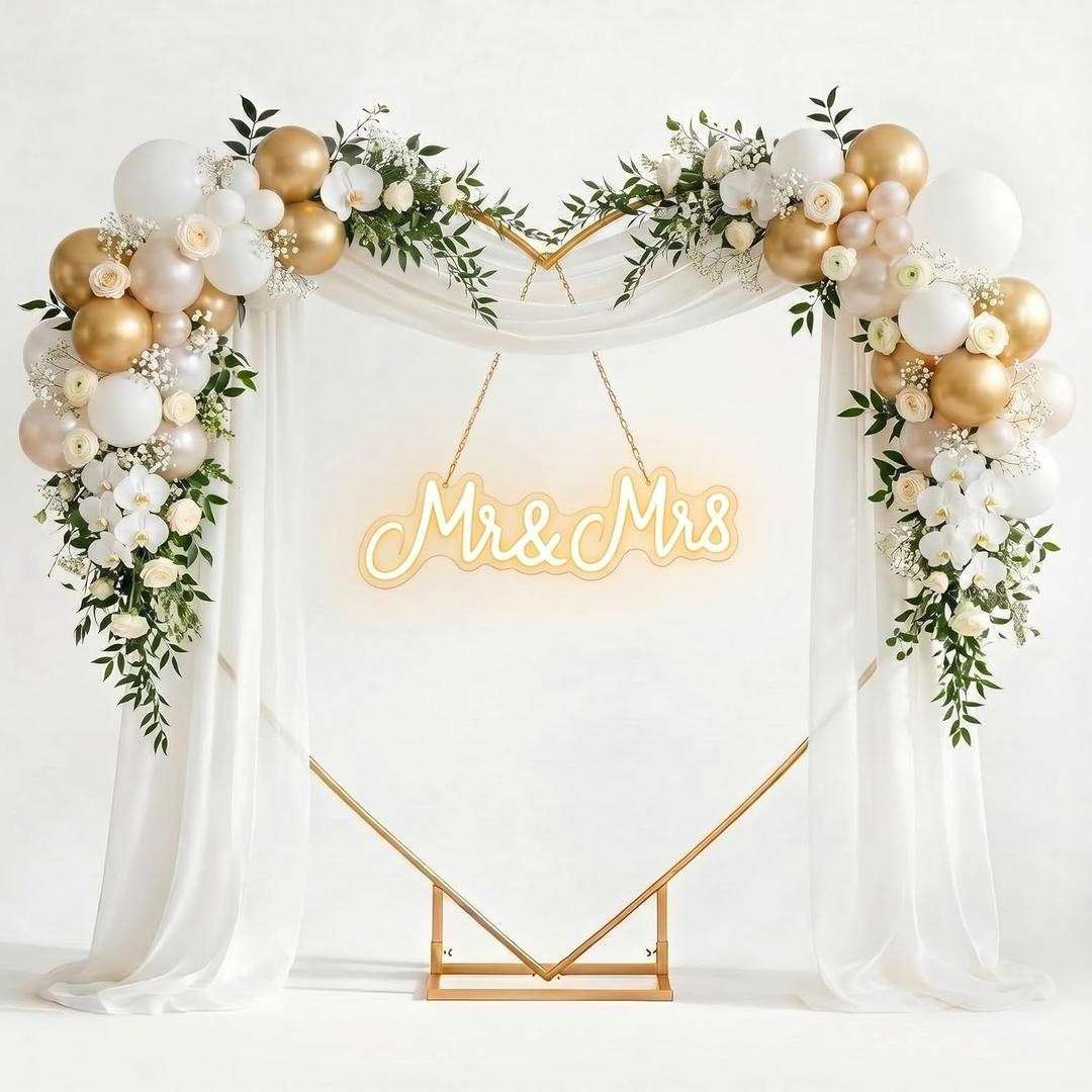 Novabright 2 Pcs 7 ft Gold Heart Arch Stand for Wedding with Mr and Mrs Neon Sign, Metal Ceremony Backdrop Stand for Outdoor, Indoor Weddings Party, Proposal Engagement Bridal Birthday, Decoration