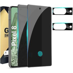 [2+2 Pack] Privacy Screen Protector Compatible with Pixel 8 5G, 2 Tempered Glass Film with 2 Camera Lens Protectors, High Clarity, Bubble Free, Anti-Spy Protection