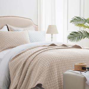 SunStyle Home Queen Quilt Bedding Set Beige, Lightweight Comforter Bedspread Blanket Full Queen Size Quilt, Durable Quilted Stitching Coverlet with 2 Pillow Shams Diamond Pattern All Seasons 3pcs
