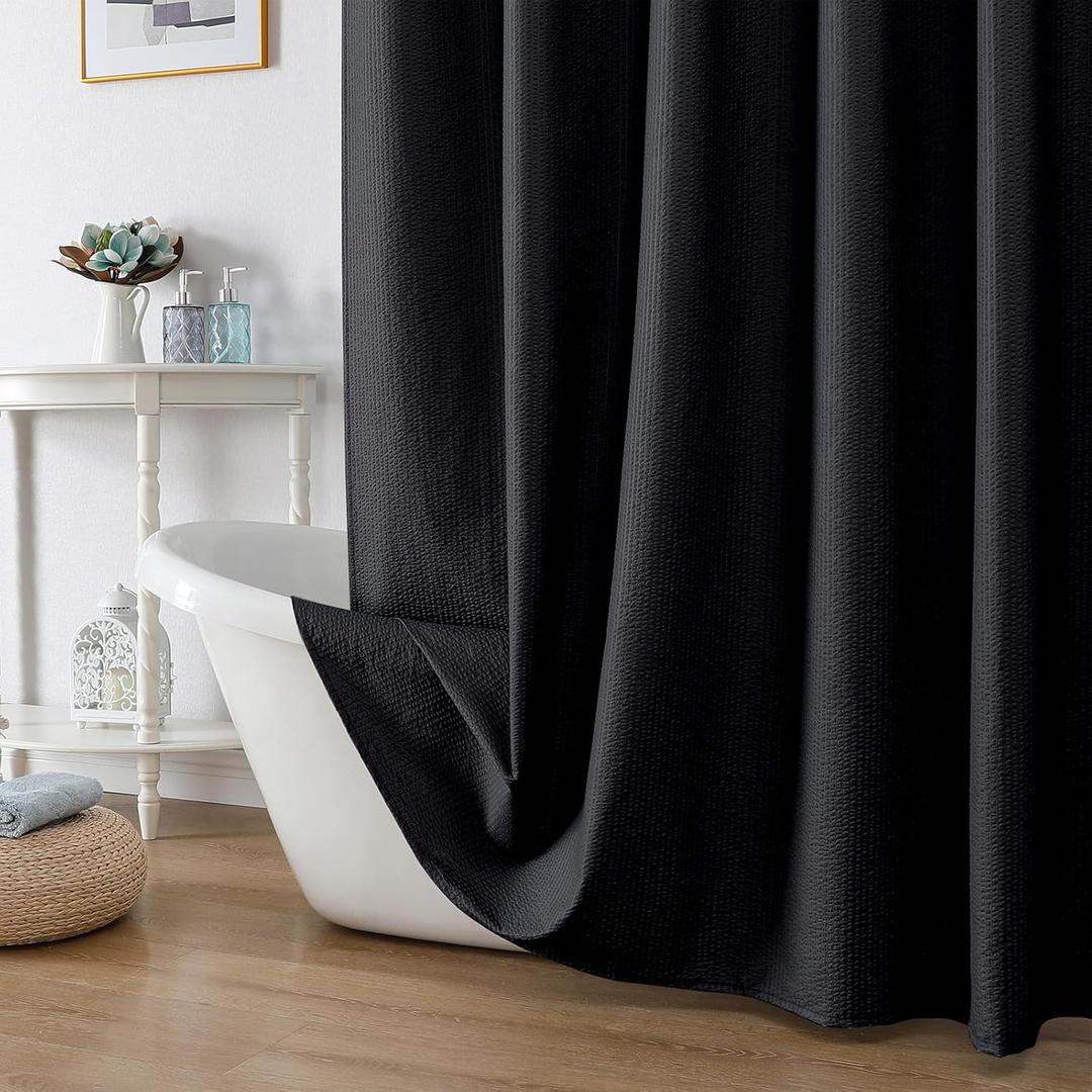OWENIE Black Shower Curtain for Bathroom 84 Inches Eatra Long, Elegant 3D Embossed Textured Cloth Waffle Shower Curtain, Modern Luxury Hotel Style, Water Repellent, Machine Washable, 72X84, Black